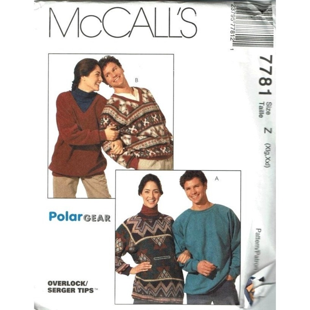 McCalls Sewing Pattern 7781 Unisex XL-XXL Pullover Tops PolarGear Uncut FF